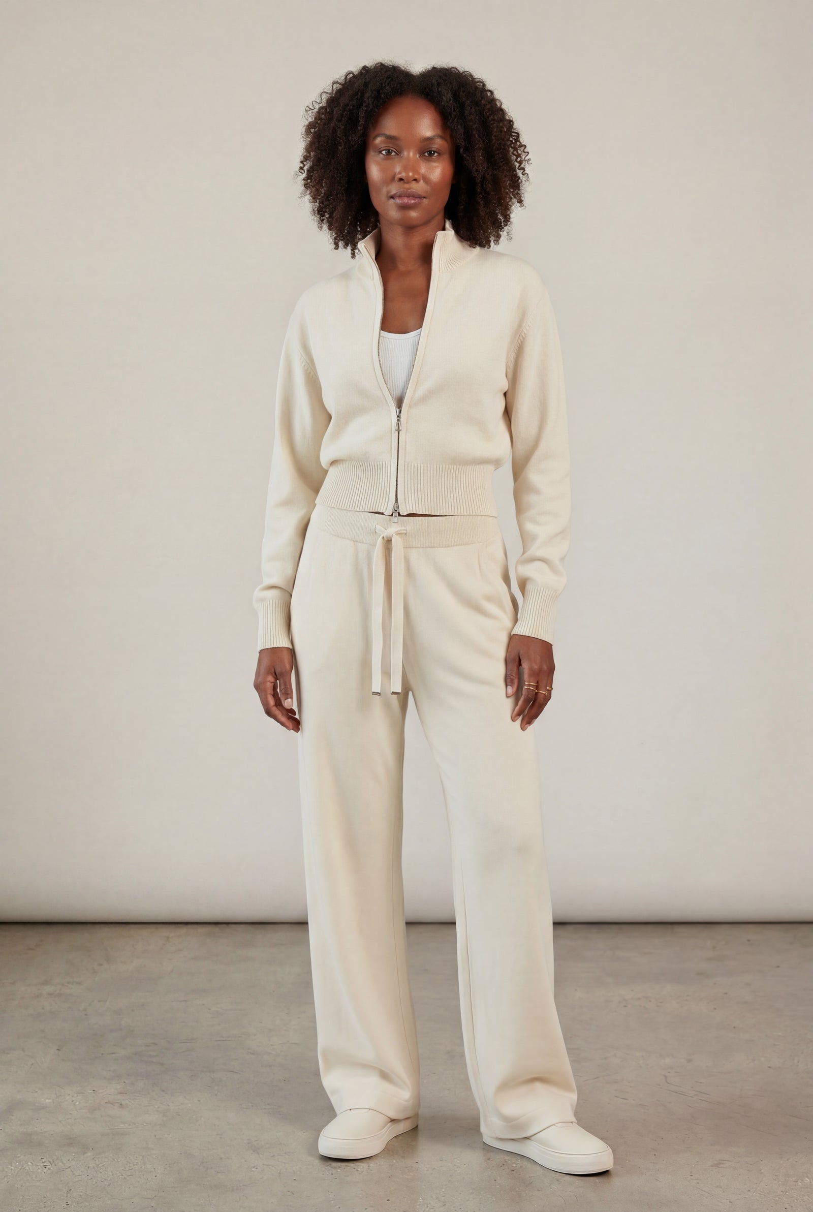 Cream Relaxed Zip-up Jacket and Wide-leg Lounge Set - Loungewear set - Photo 3