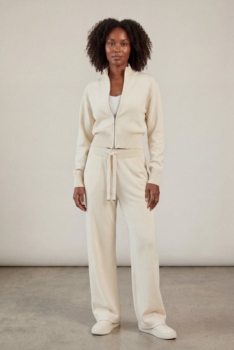 Cream Relaxed Zip-up Jacket and Wide-leg Lounge Set - Loungewear set - Photo 3