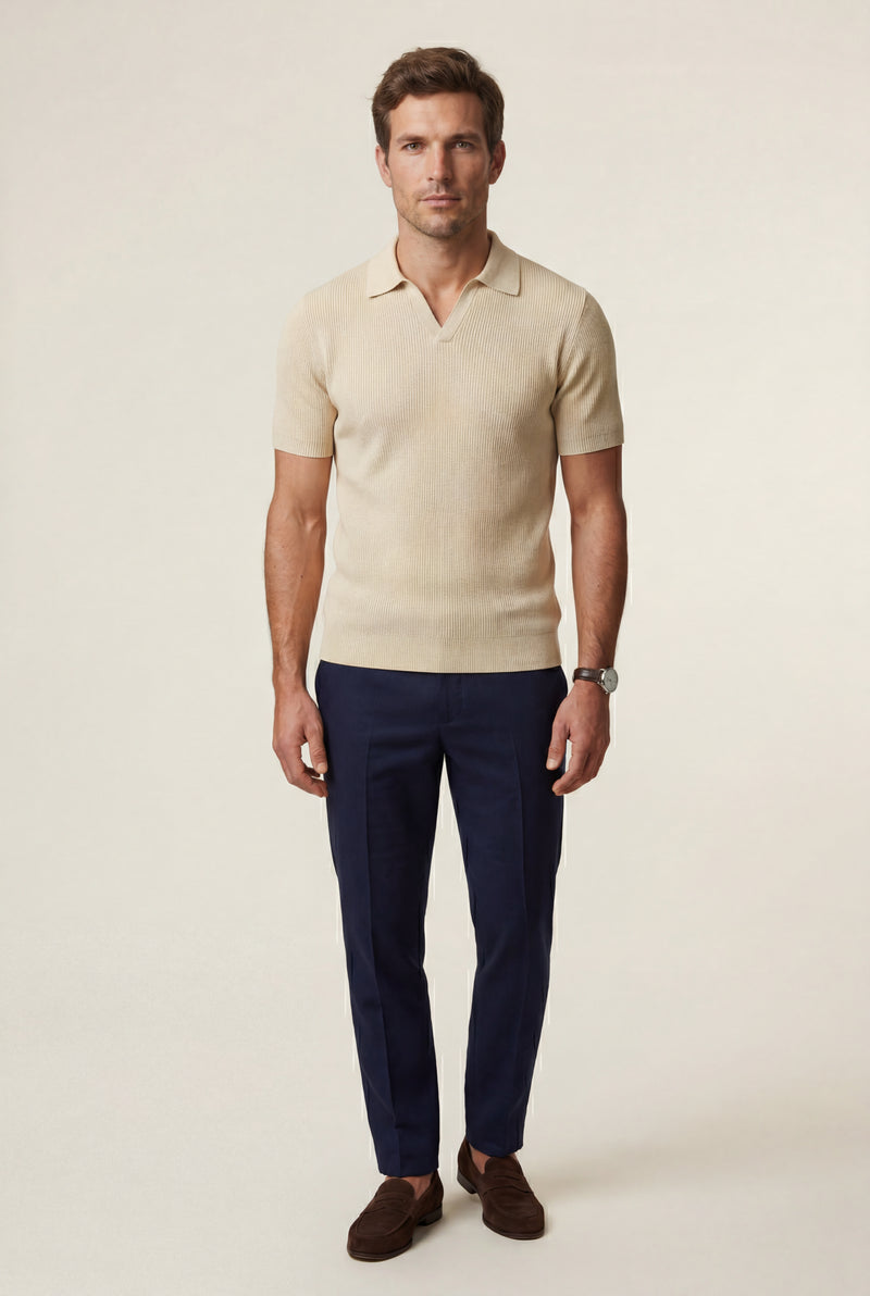 Cream Ribbed Open Collar Tailored Polo Shirt - Polo shirts - Photo 3