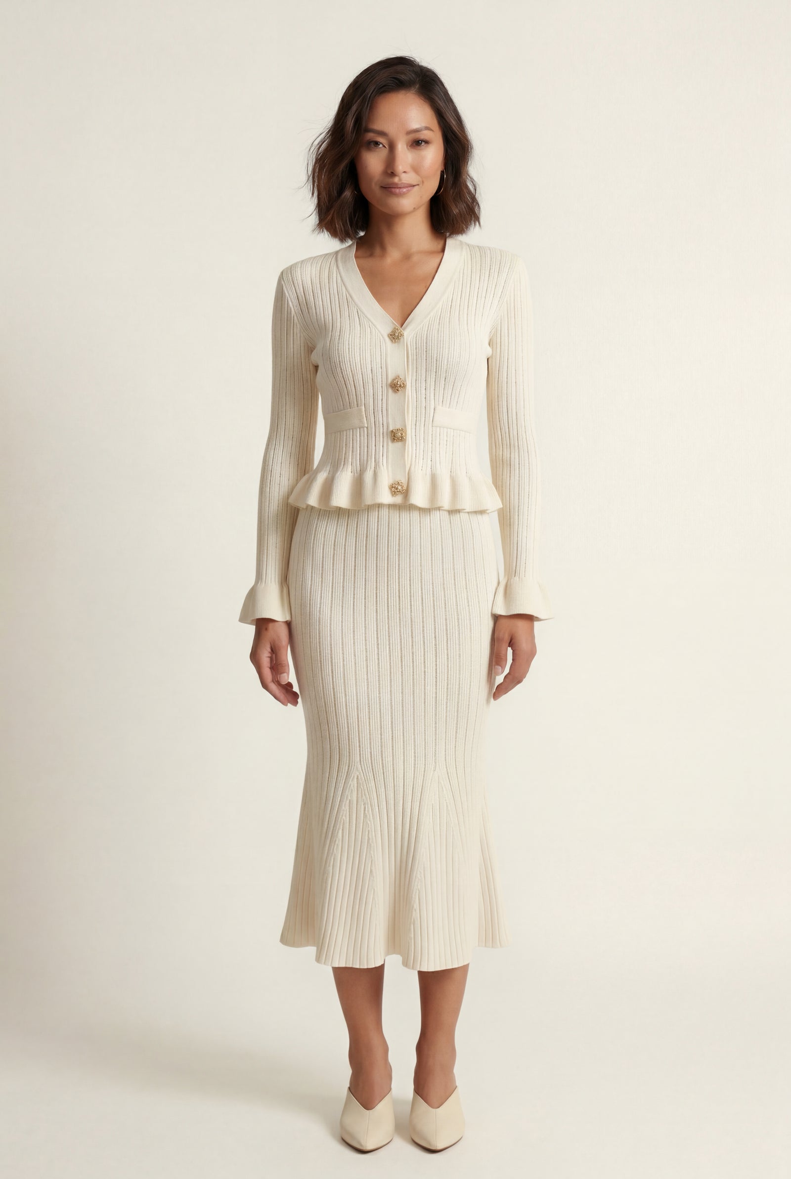 Cream Ribbed Peplum Cardigan and Fluted Midi Skirt Set - Knit set - Photo 9