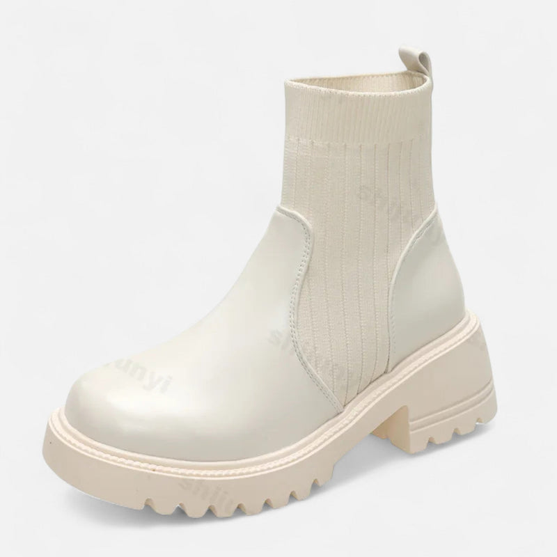 Cream Ribbed Sock Chunky Block Heel Ankle Boots - Mid heel ankle boots - Photo 4