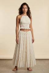 Cream Sheer Tiered Halter Maxi Skirt Set with Ruched Crop Top - Maxi dress - Photo 1