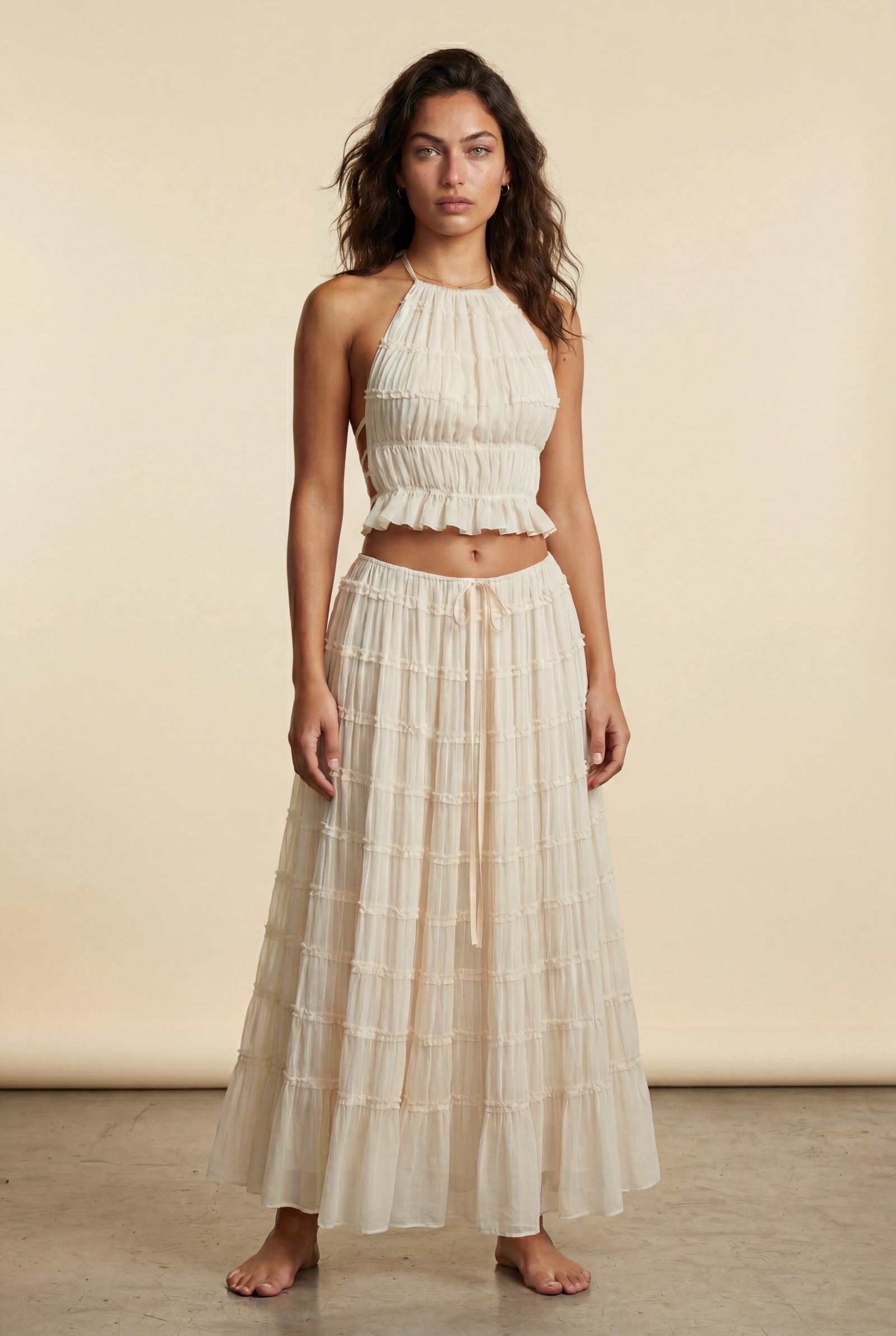 Cream Sheer Tiered Halter Maxi Skirt Set with Ruched Crop Top - Maxi dress - Photo 1