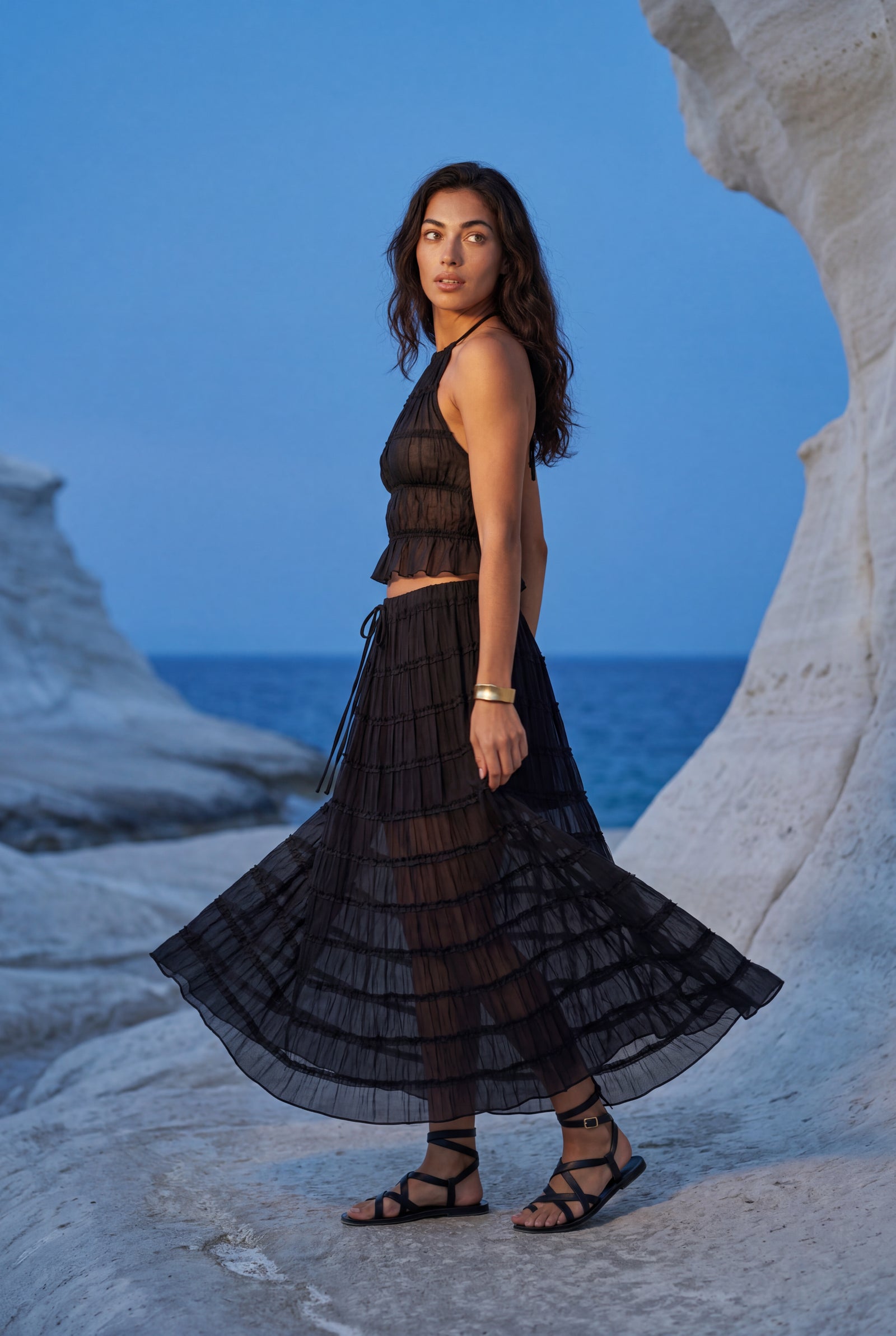 Black Sheer Tiered Halter Maxi Skirt Set with Ruched Crop Top - Maxi dress - Photo 7