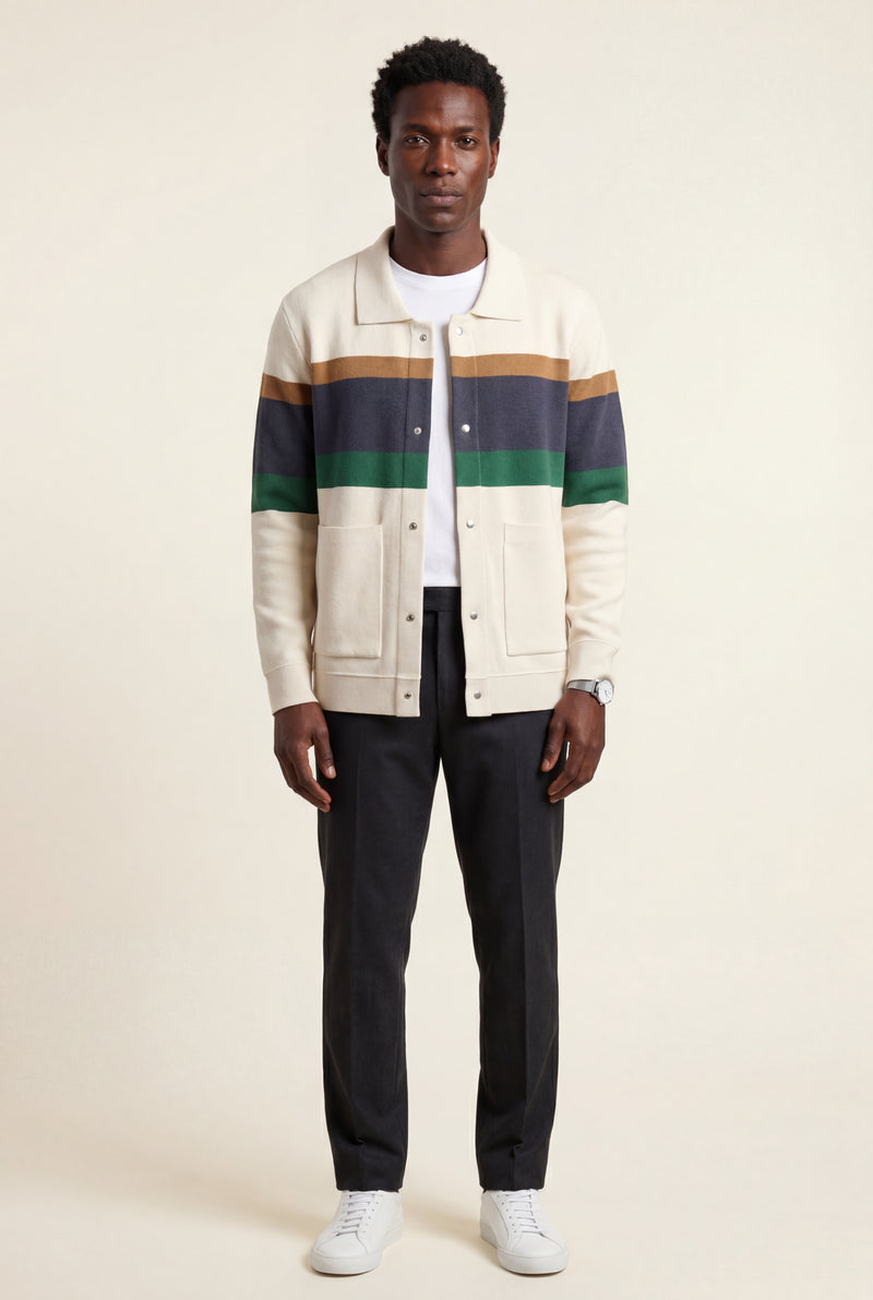 Cream Striped Button-up Cardigan with Double Front Pockets - Photo 3