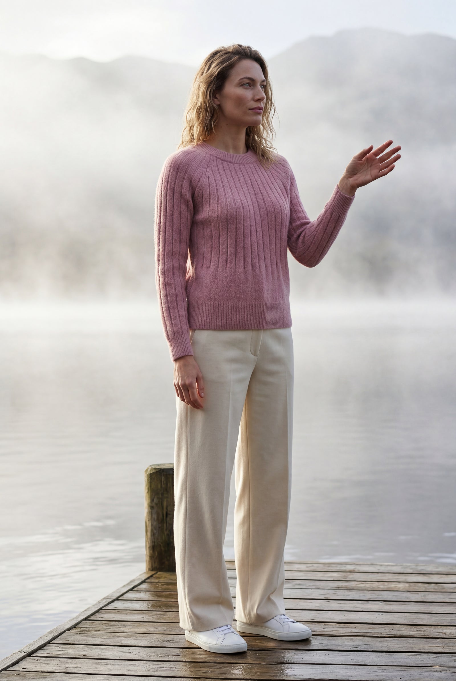 Pink Vertical Ribbed Crewneck Relaxed Fit Sweater - Knit sweater - Photo 11