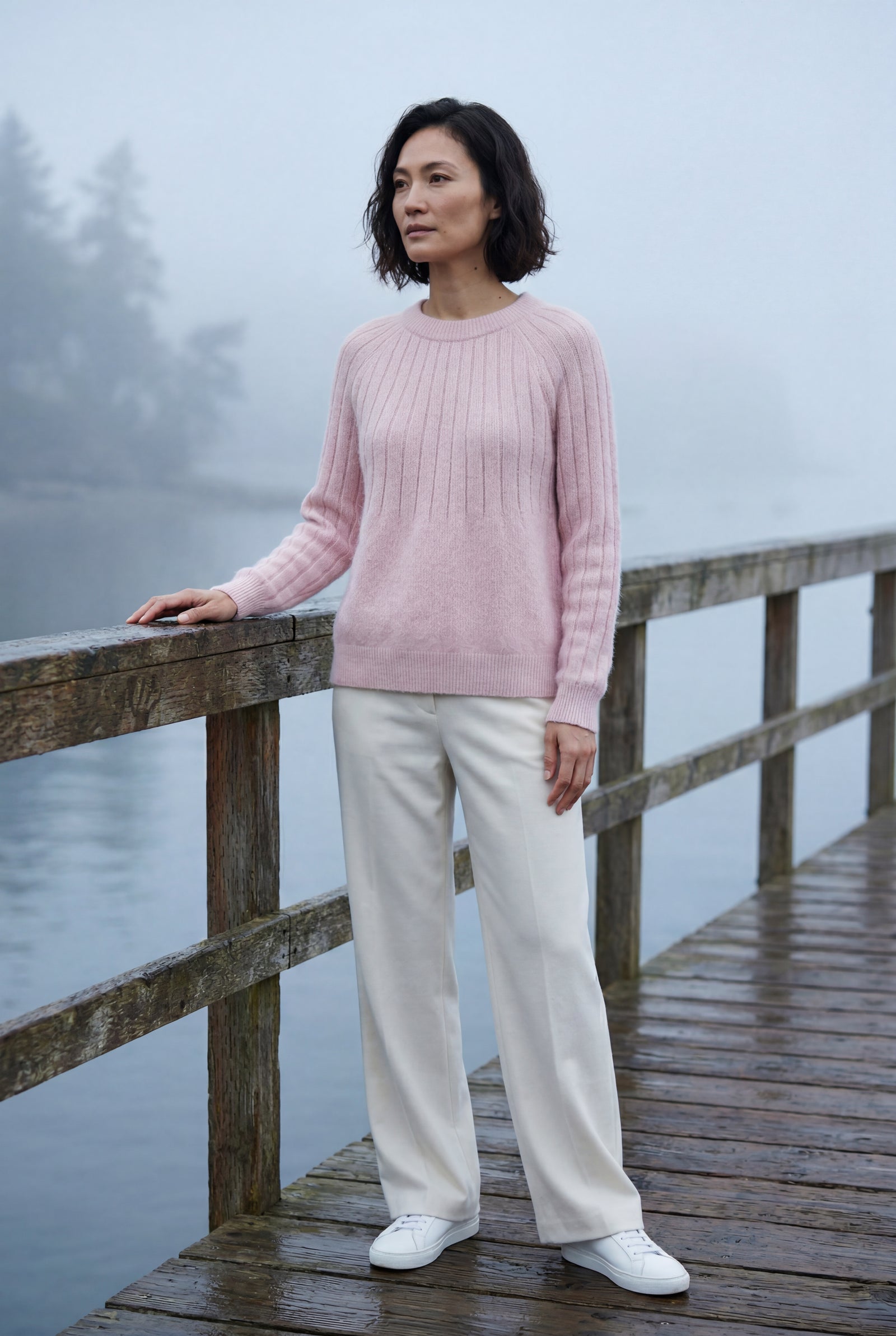 Baby Pink Vertical Ribbed Crewneck Relaxed Fit Sweater - Knit sweater - Photo 12