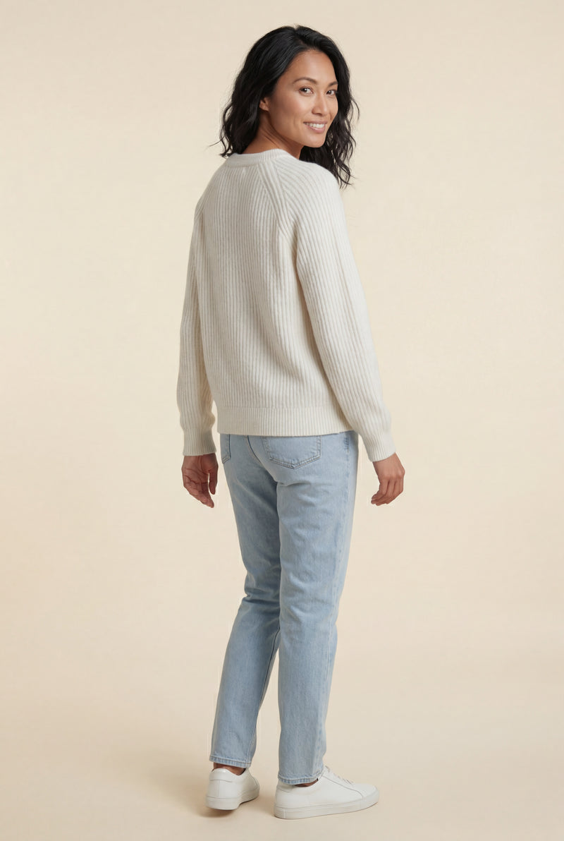 Cream Vertical Ribbed Crewneck Relaxed Fit Sweater - Knit sweater - Photo 3