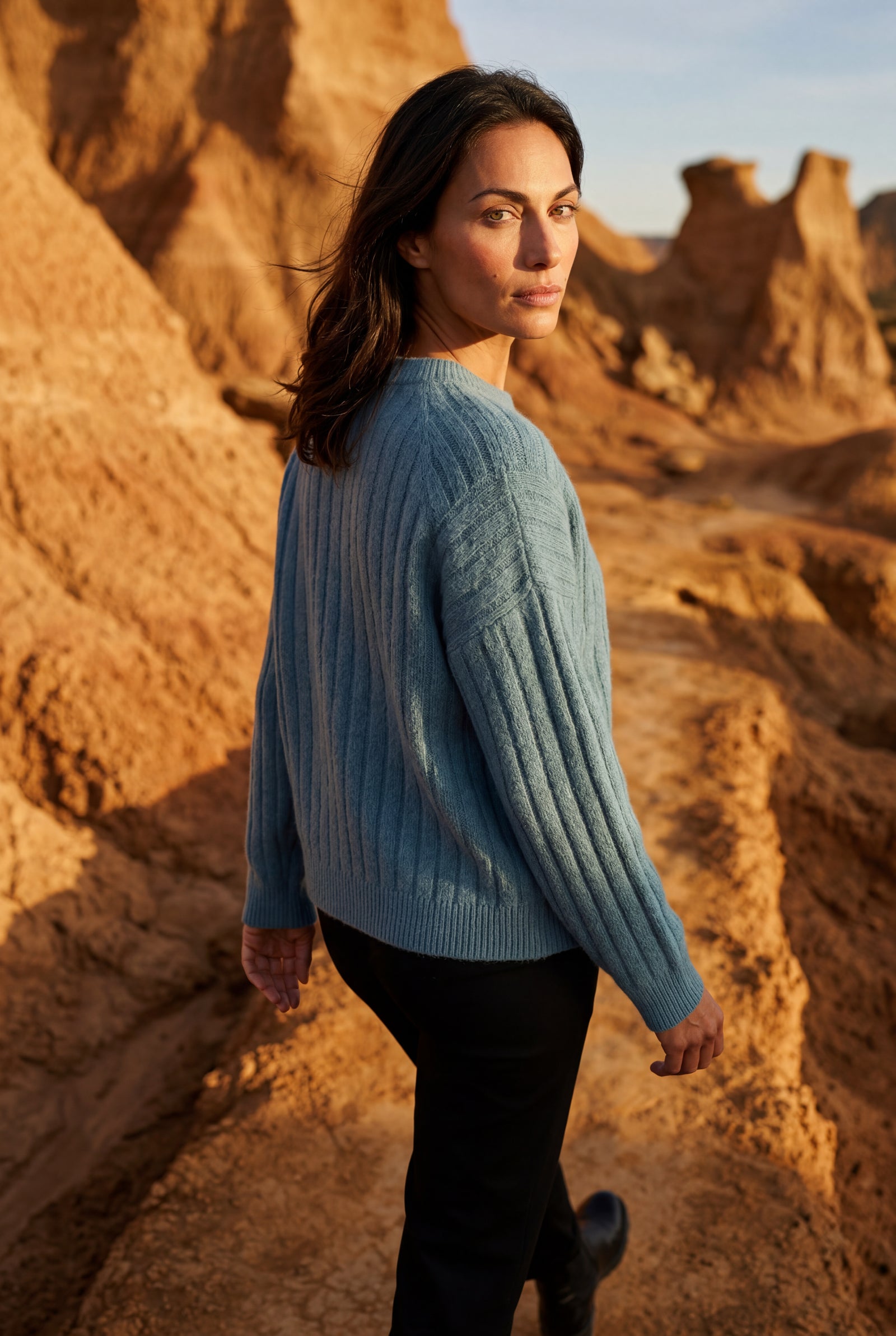 Light Blue Vertical Ribbed Crewneck Relaxed Fit Sweater - Knit sweater - Photo 6