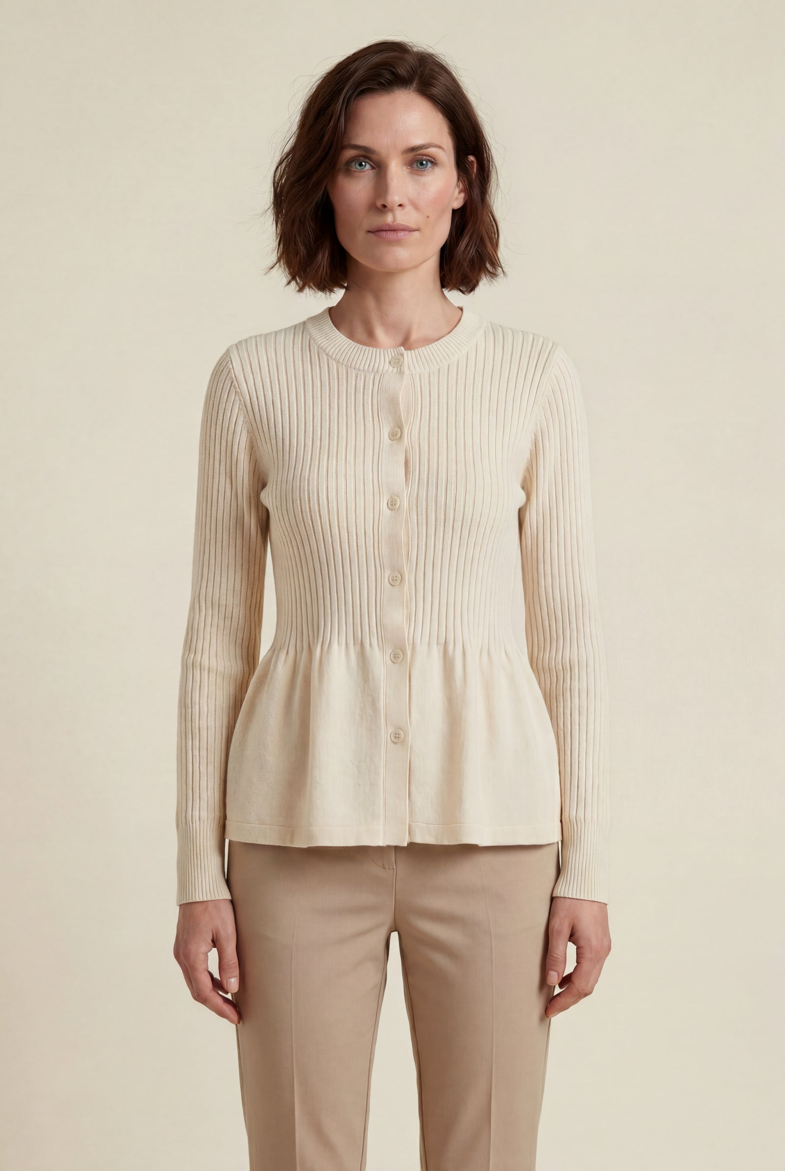 Cream Women's Ribbed Button-Front Peplum Cardigan - Cardigans - Photo 14