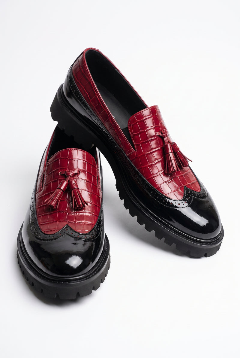 Men's Loafer Croc-Embossed Tassel in Crimson Black — primary