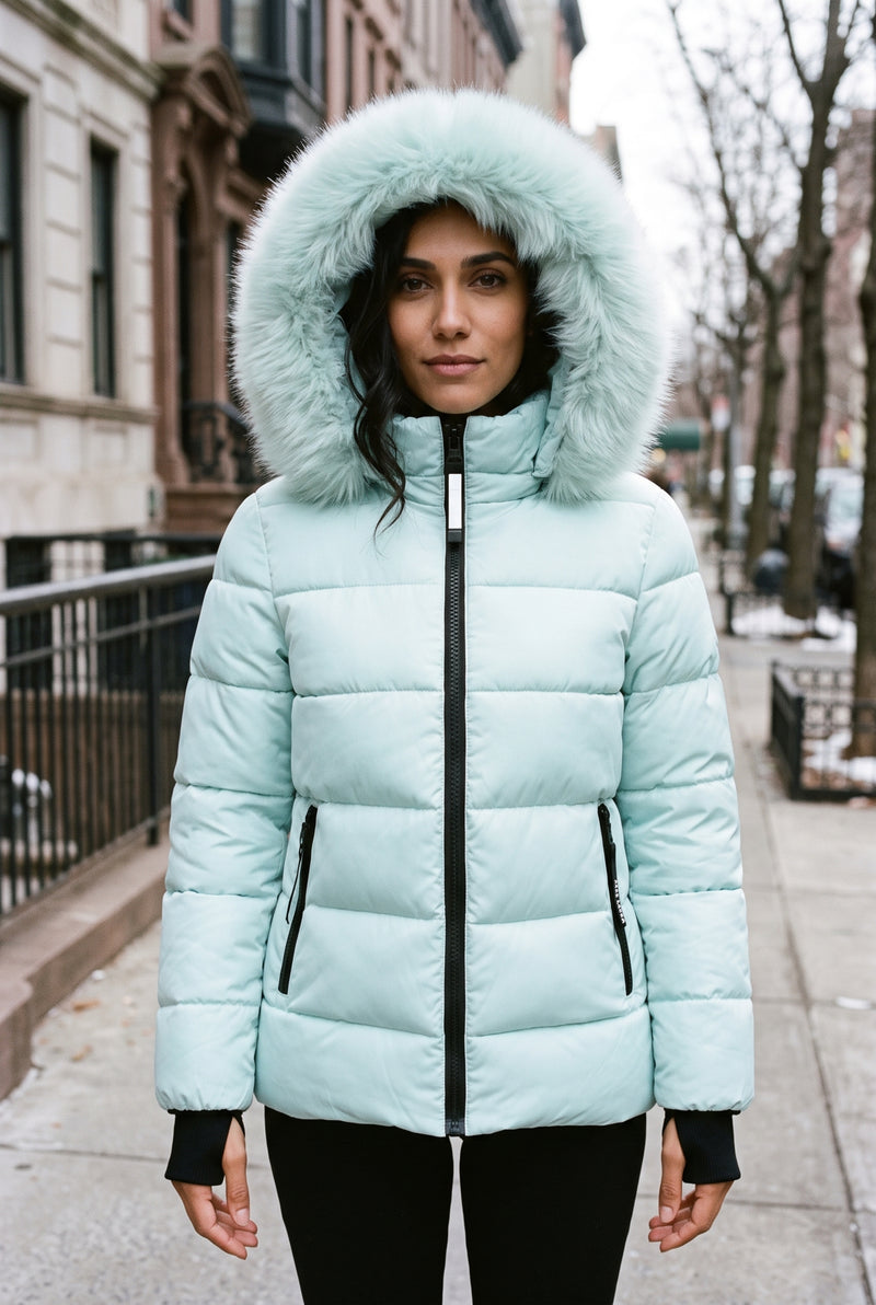 Hooded Faux-Fur Puffer Jacket in Cyan — lifestyle