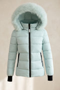 Hooded Faux-Fur Puffer Jacket in Cyan — studio front