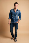 Men's Shirt Long Sleeve Vintage Look in Dark Blue — studio full body