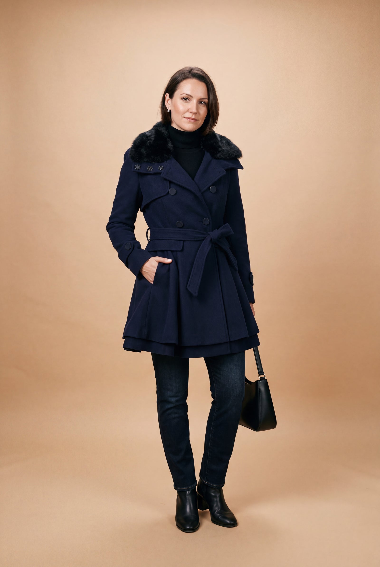 Women's Coat Fur-Lined Elegant in Dark Blue — studio front