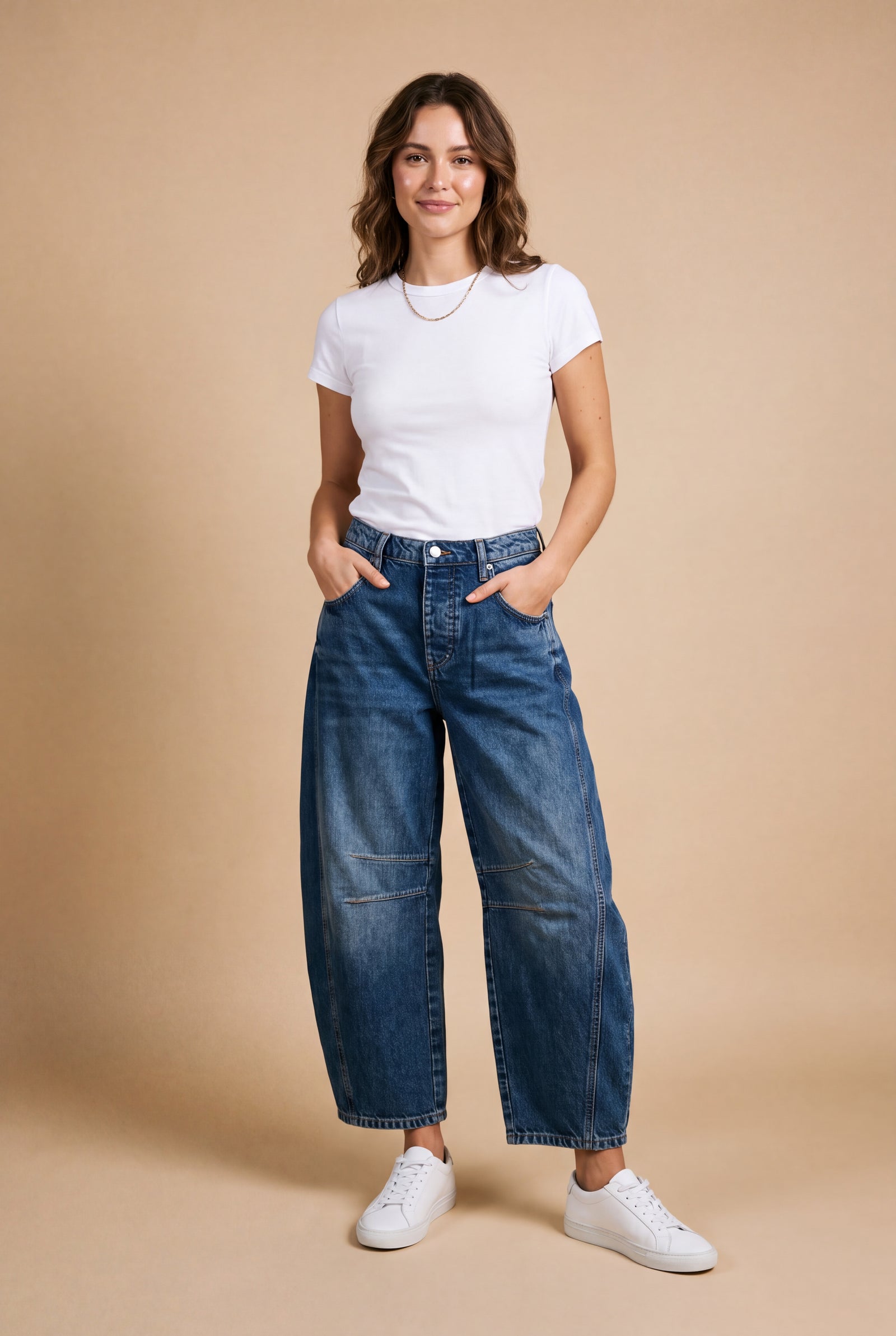 Women's Jeans High Waist Barrel Leg in Dark Blue — studio front