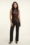 Dark Brown Asymmetrical High Neck Faux Sleeveless Top - Photo 9