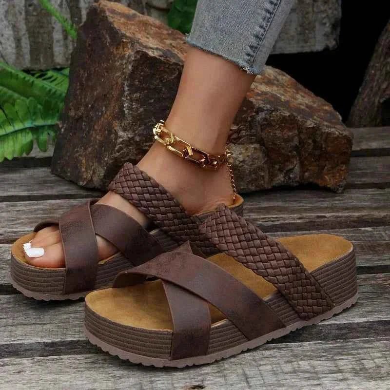 Dark Brown Braided Criss Cross Platform Slide Sandals - Platform sandals - Photo 4
