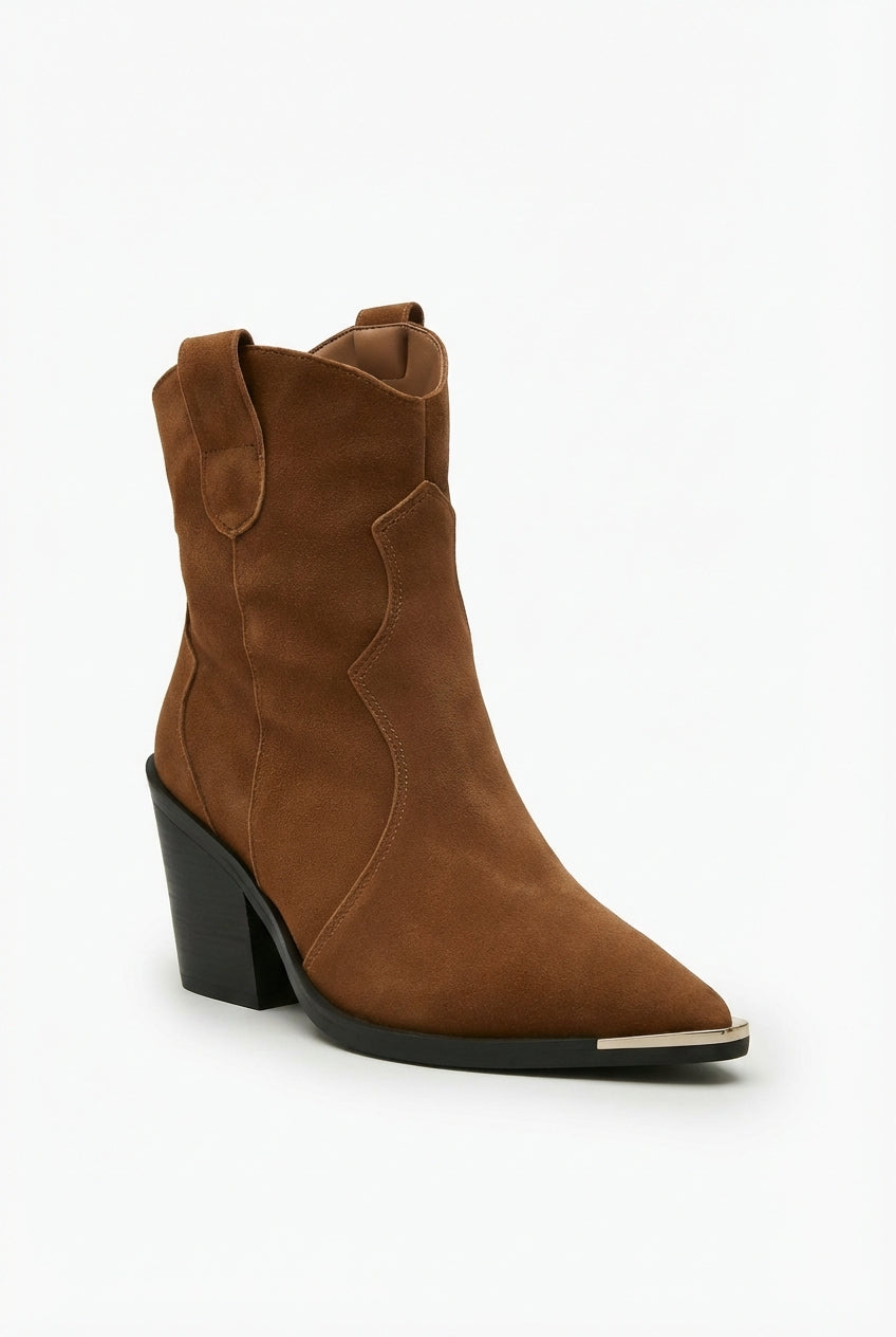 Dark Brown Camel Brown Pointed Toe Western Ankle Boots - Western boots - Photo 1