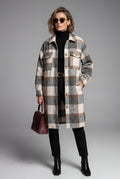 Dark Brown Checked Button-front Long Plaid Coat with Chest Pockets - Long coat - Photo 1