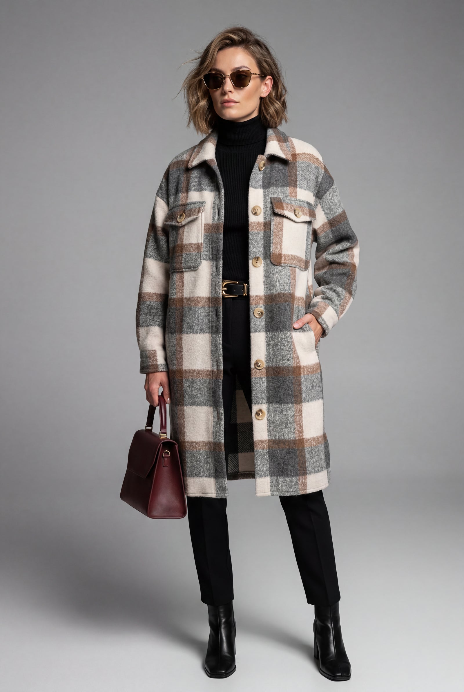 Dark Brown Checked Button-front Long Plaid Coat with Chest Pockets - Long coat - Photo 1
