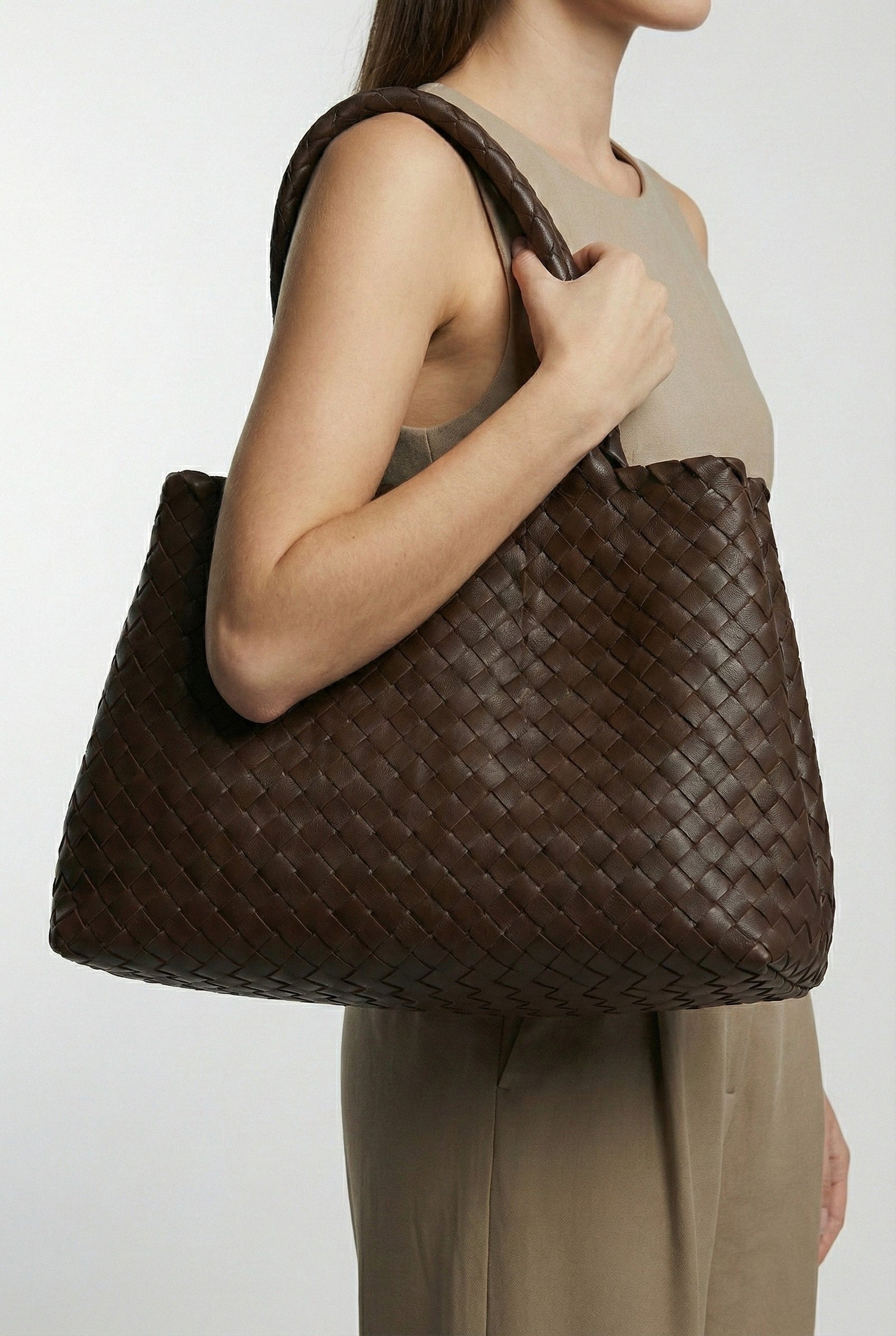 Dark Brown Chocolate Brown Large Tote Bag with Braided Handles - Tote bags - Photo 2