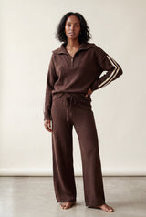 Dark Brown Chocolate Brown Zip-collar Stripe Two Piece Loungewear Set - Photo 1