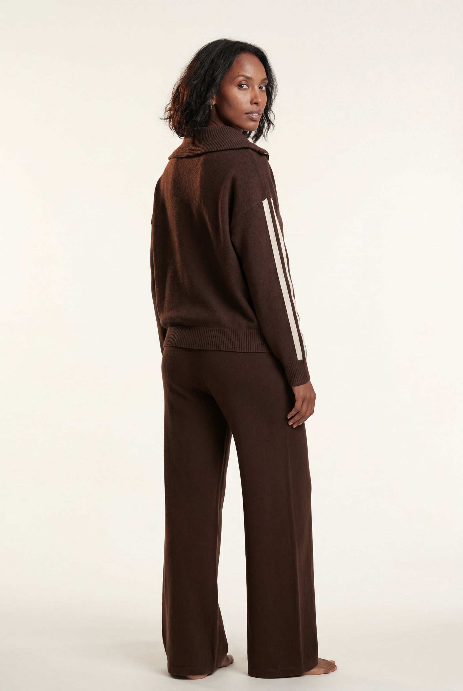 Dark Brown Chocolate Brown Zip-collar Stripe Two Piece Loungewear Set - Photo 2