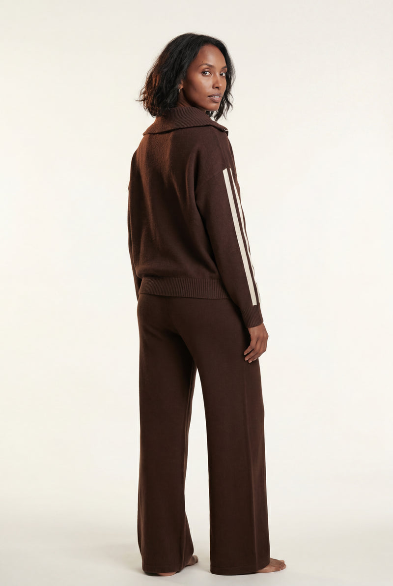 Dark Brown Chocolate Brown Zip-collar Stripe Two Piece Loungewear Set - Photo 2