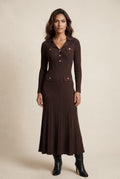 Dark Brown Chocolate Ribbed Collared Maxi Dress Gold Buttons - Maxi dresses - Photo 1