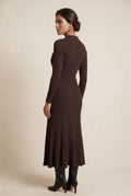 Dark Brown Chocolate Ribbed Collared Maxi Dress Gold Buttons - Maxi dresses - Photo 2