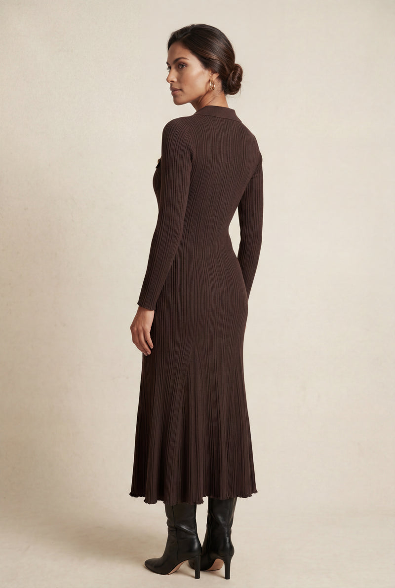 Dark Brown Chocolate Ribbed Collared Maxi Dress Gold Buttons - Maxi dresses - Photo 2