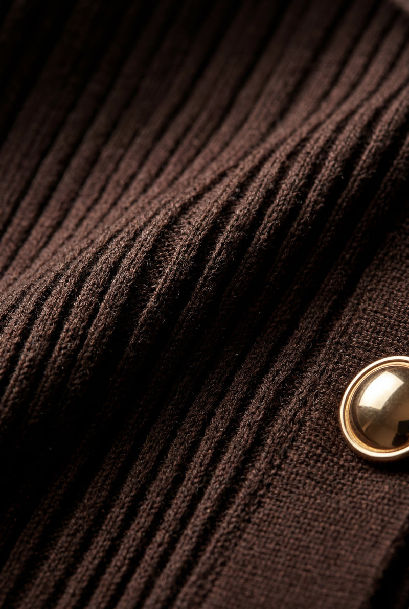 Dark Brown Chocolate Ribbed Collared Maxi Dress Gold Buttons - Maxi dresses - Photo 3