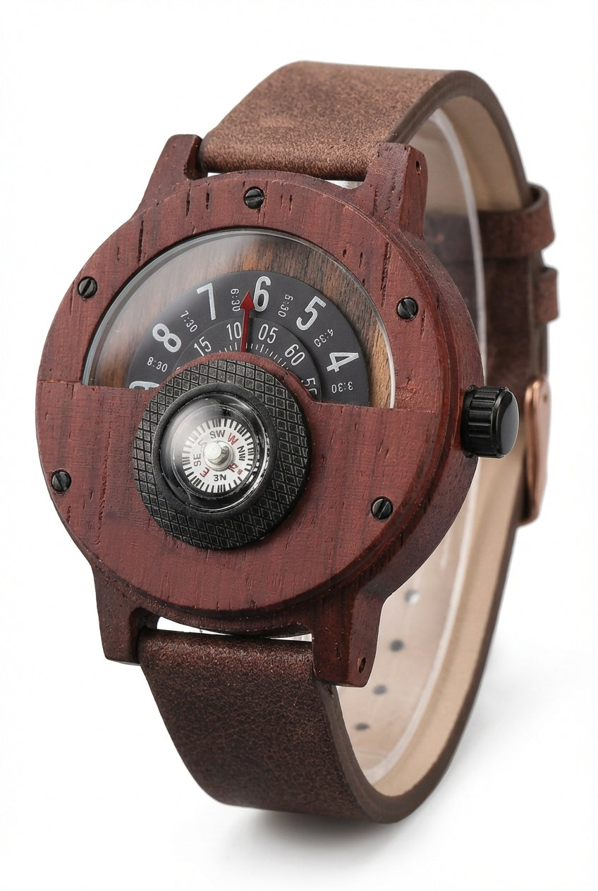 Dark Brown Compass Detail Wooden Analog Watch with Strap - Analog watches - Photo 1