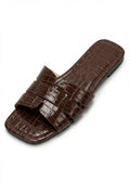 Dark Brown Croc-embossed Cut-out Slide Sandals with Square Toe - Photo 1