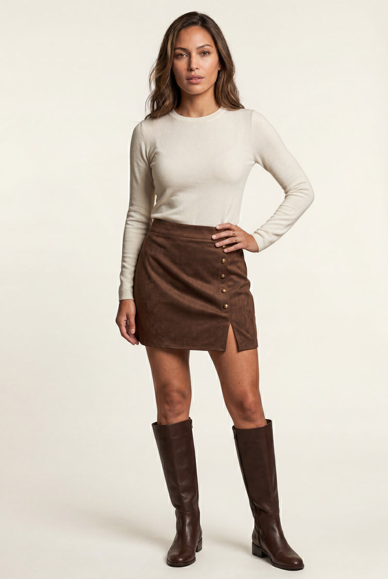 Dark Brown Decorative Button Faux Mini Skirt - Photo 2