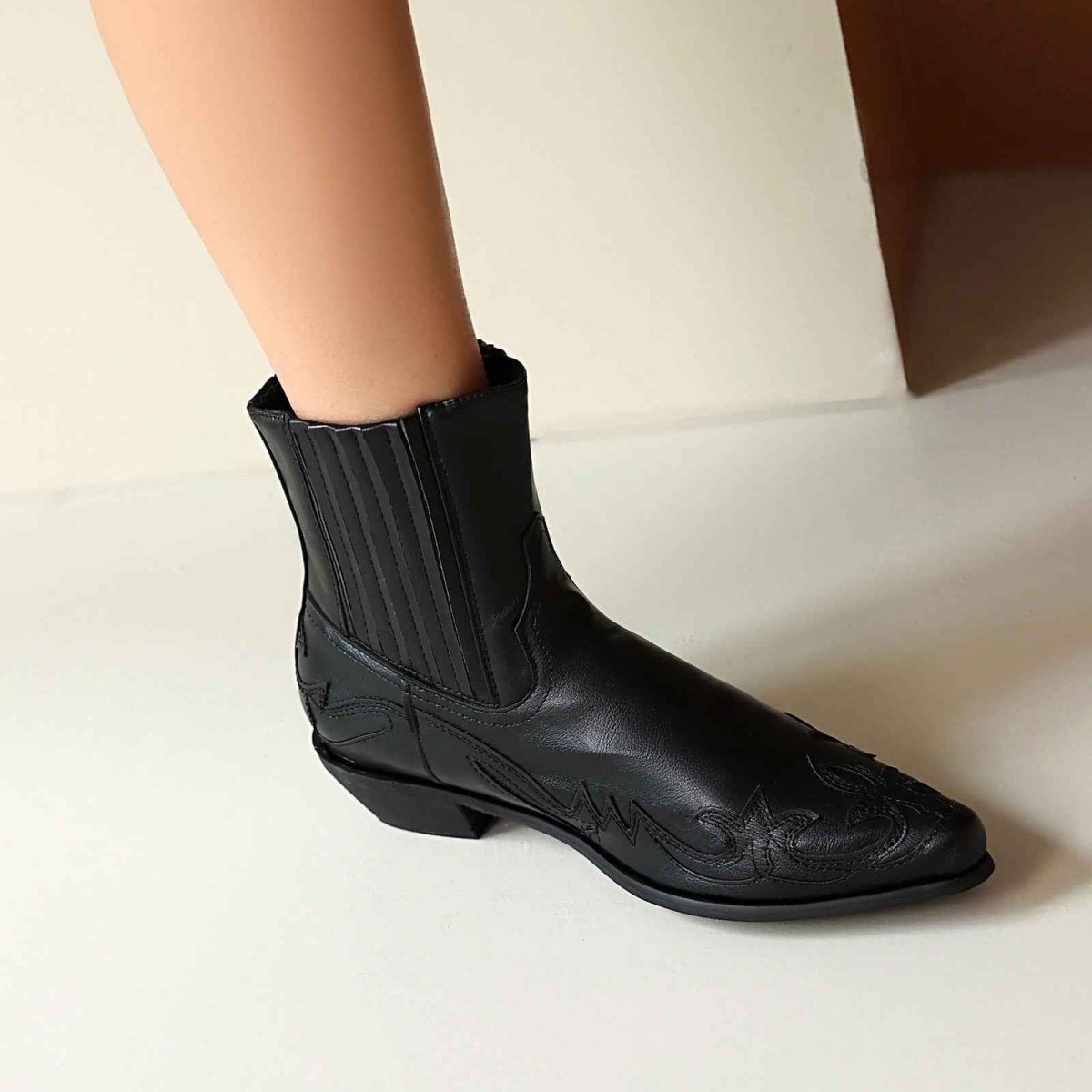 Embroidered Western Block Heel Ankle Boots - Photo 6