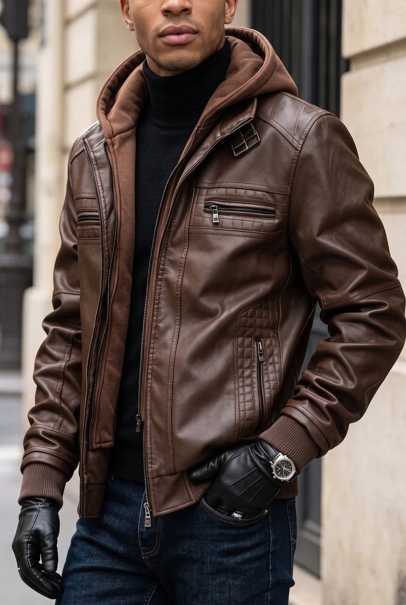 Hooded Leather Jacket in Dark Brown — studio front