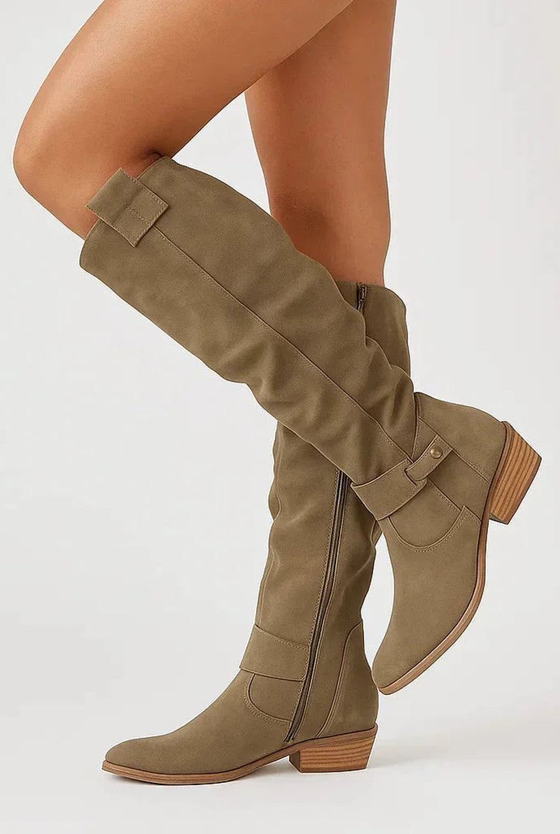 Knee-High Suede Boots in Dark Brown — front view