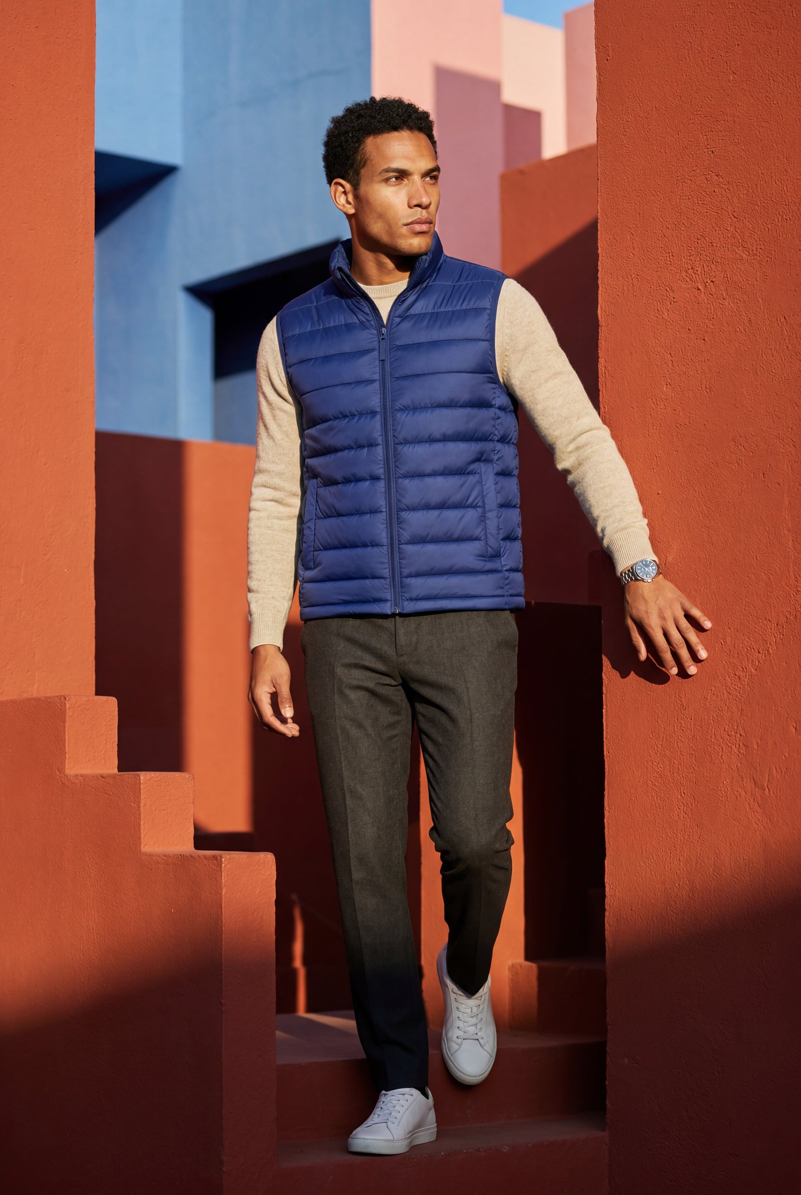 Navy Blue Lightweight High Collar Padded Vest with Slim Silhouette - Padded vests - Photo 12