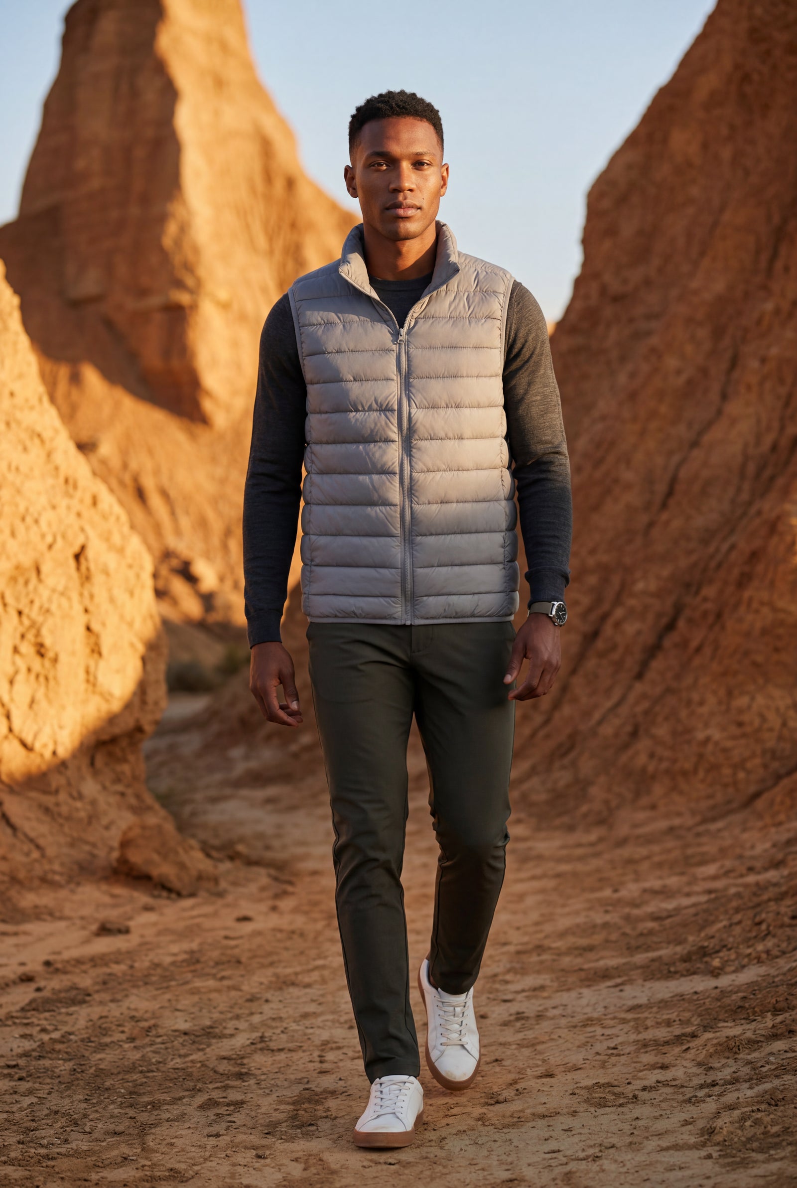 Gray Lightweight High Collar Padded Vest with Slim Silhouette - Padded vests - Photo 13
