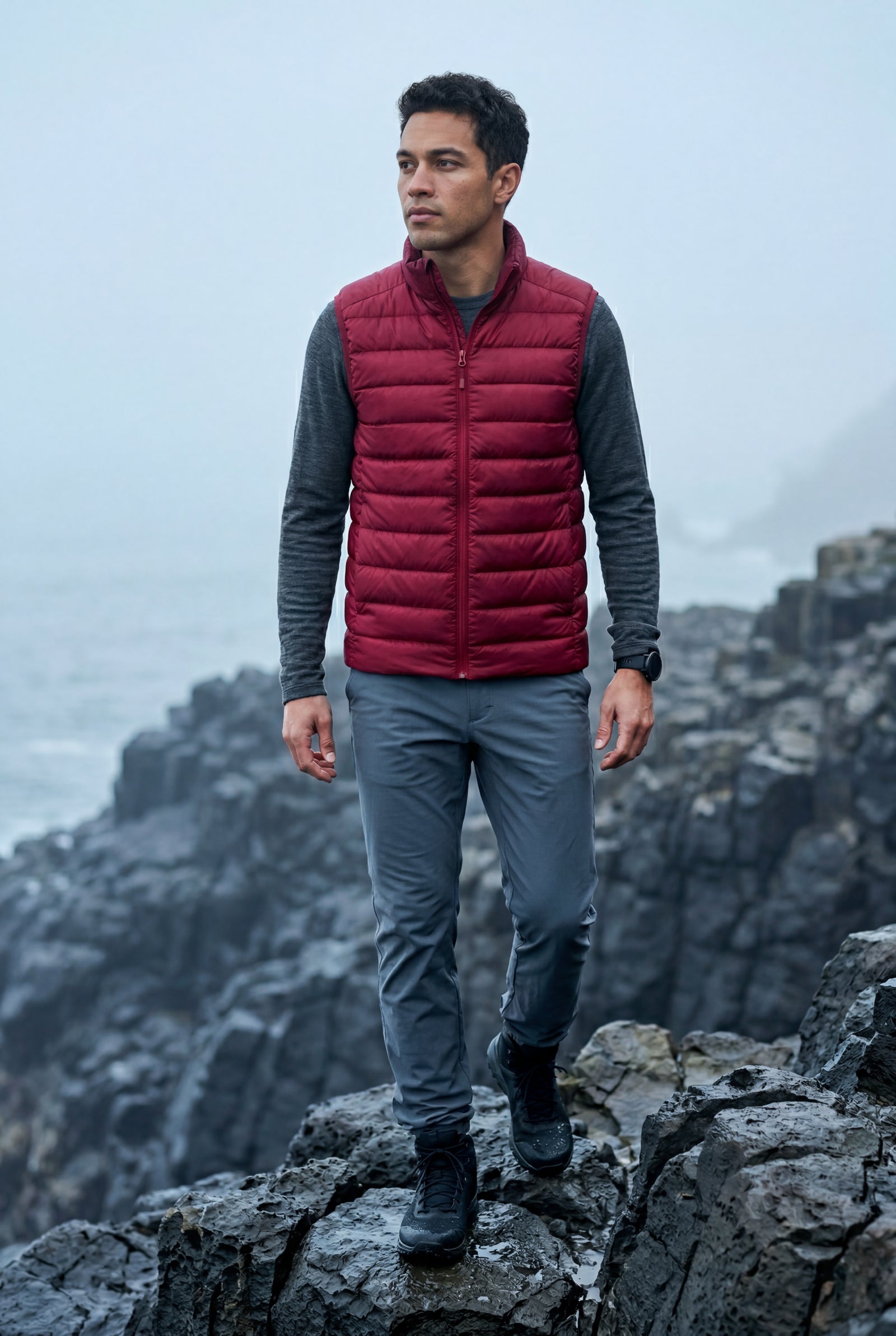 Red Lightweight High Collar Padded Vest with Slim Silhouette - Padded vests - Photo 14
