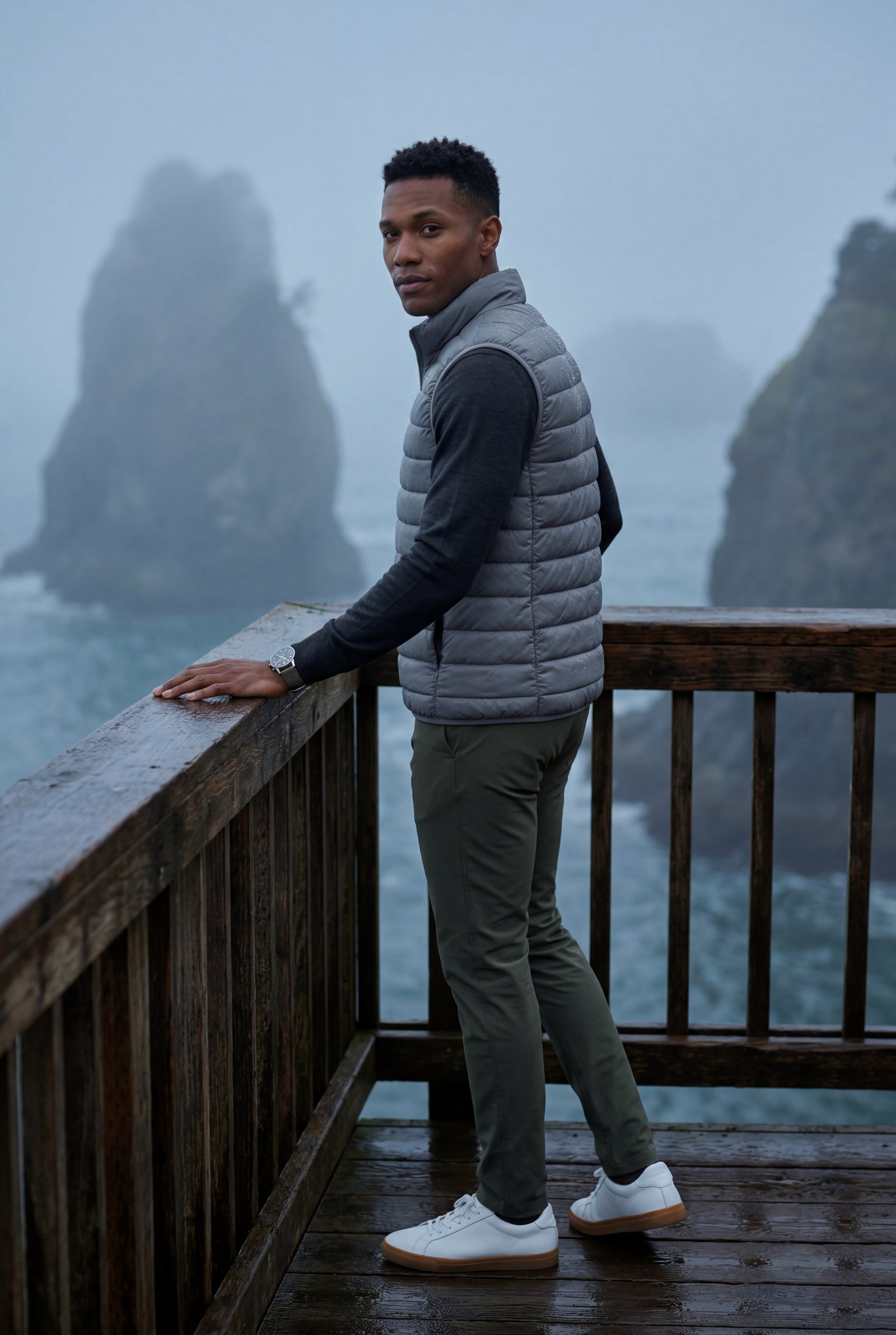 Gray Lightweight High Collar Padded Vest with Slim Silhouette - Padded vests - Photo 17