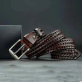 Dark Brown Men's Braided Textured Pin Buckle Casual Belt - Casual belts - Photo 2
