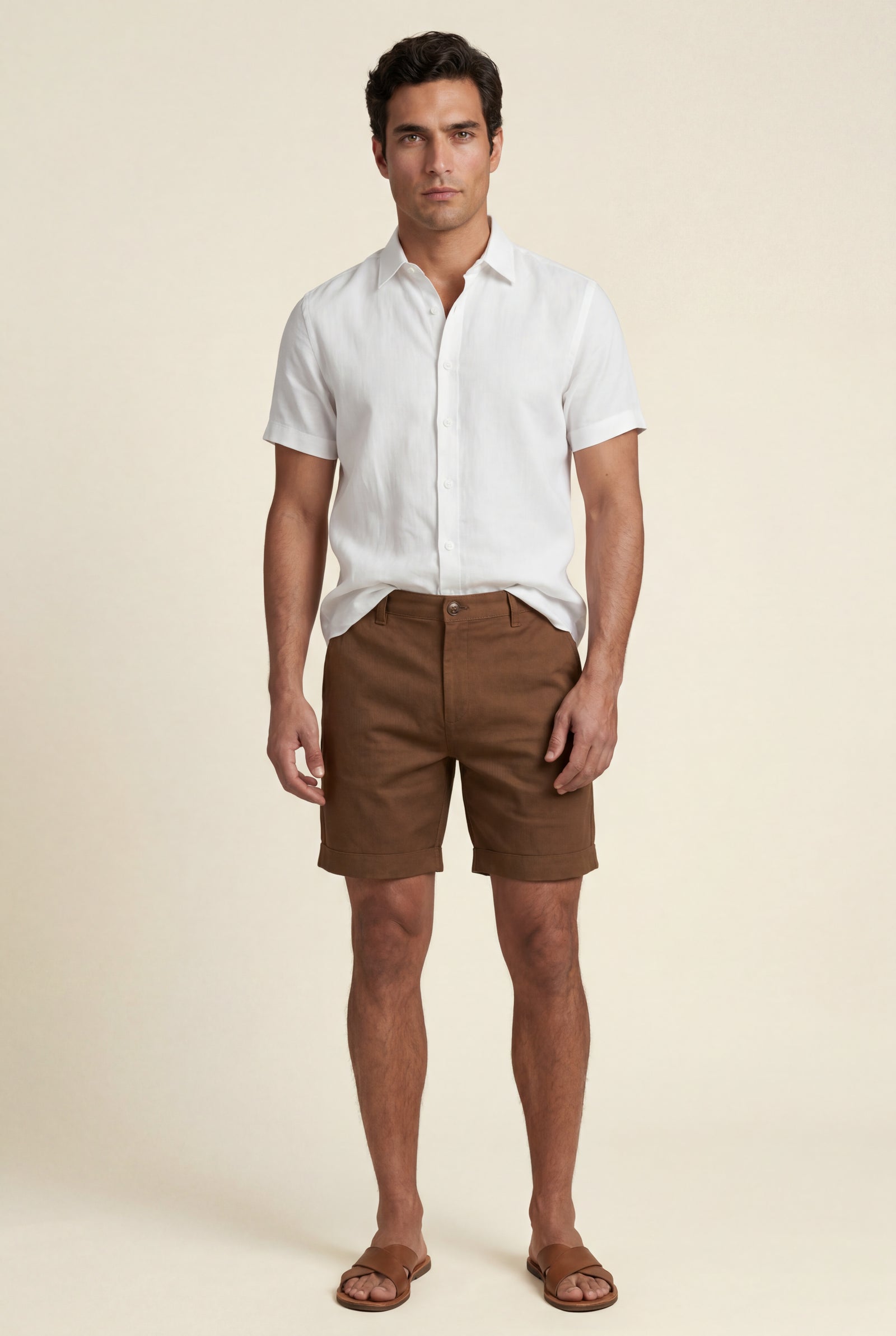 Dark Brown Men's Tailored Above-Knee Casual Shorts with Belt Loops - Photo 16