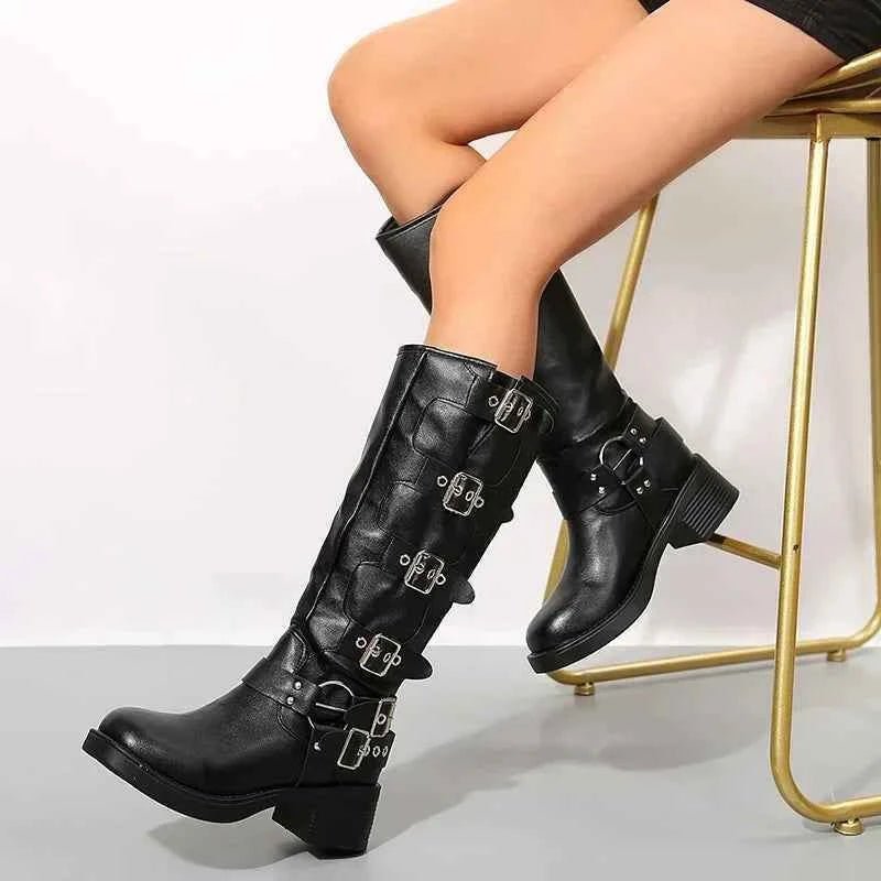 Multiple Buckle Strap Tall Biker Boots - Photo 7