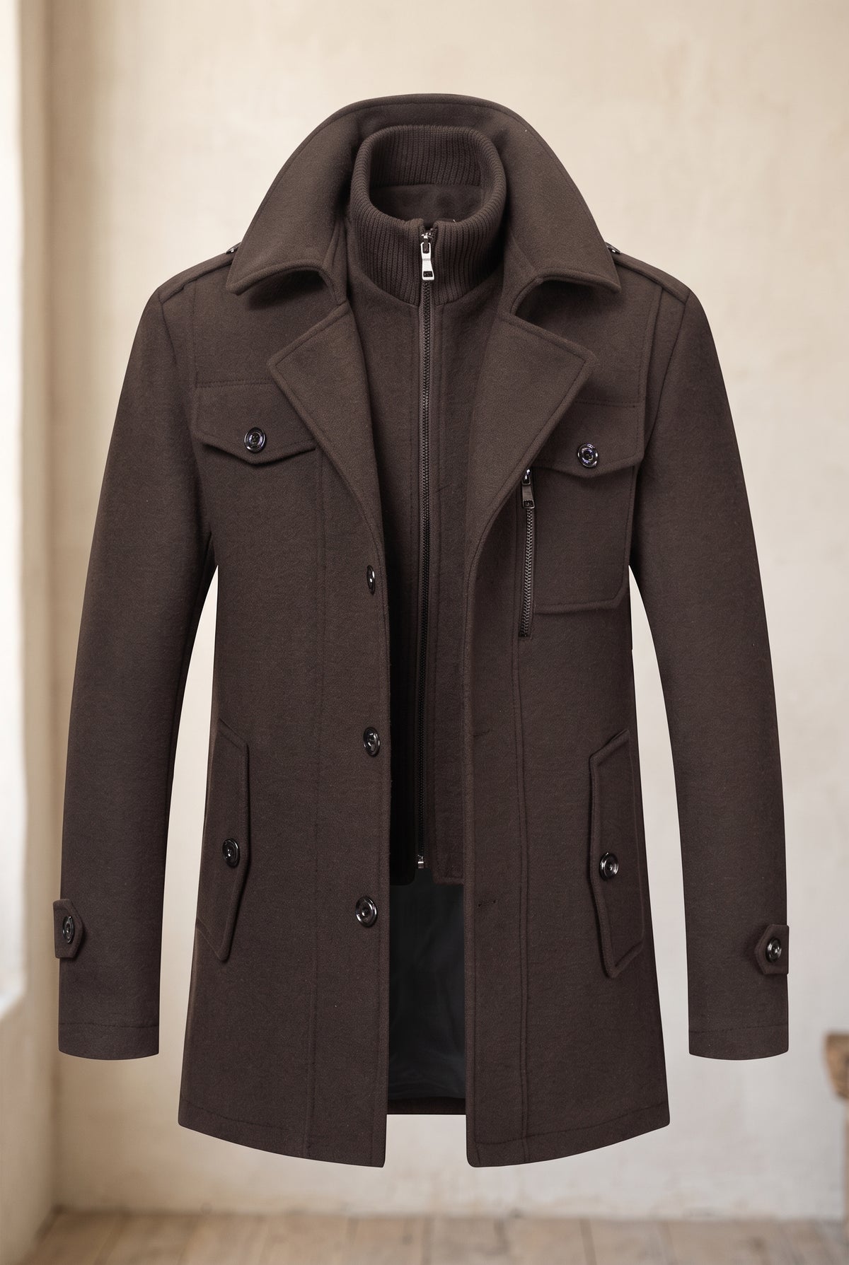 Overcoat with Knit Collar in Dark Brown — studio front