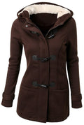 Plush-Lined Hood Duffle Coat in Dark Brown — front view