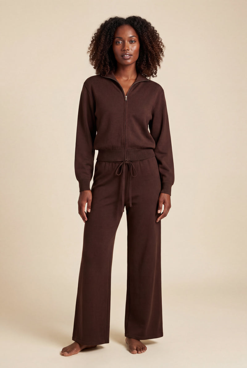 Dark Brown Relaxed Zip-up Jacket and Wide-leg Lounge Set - Loungewear set - Photo 1