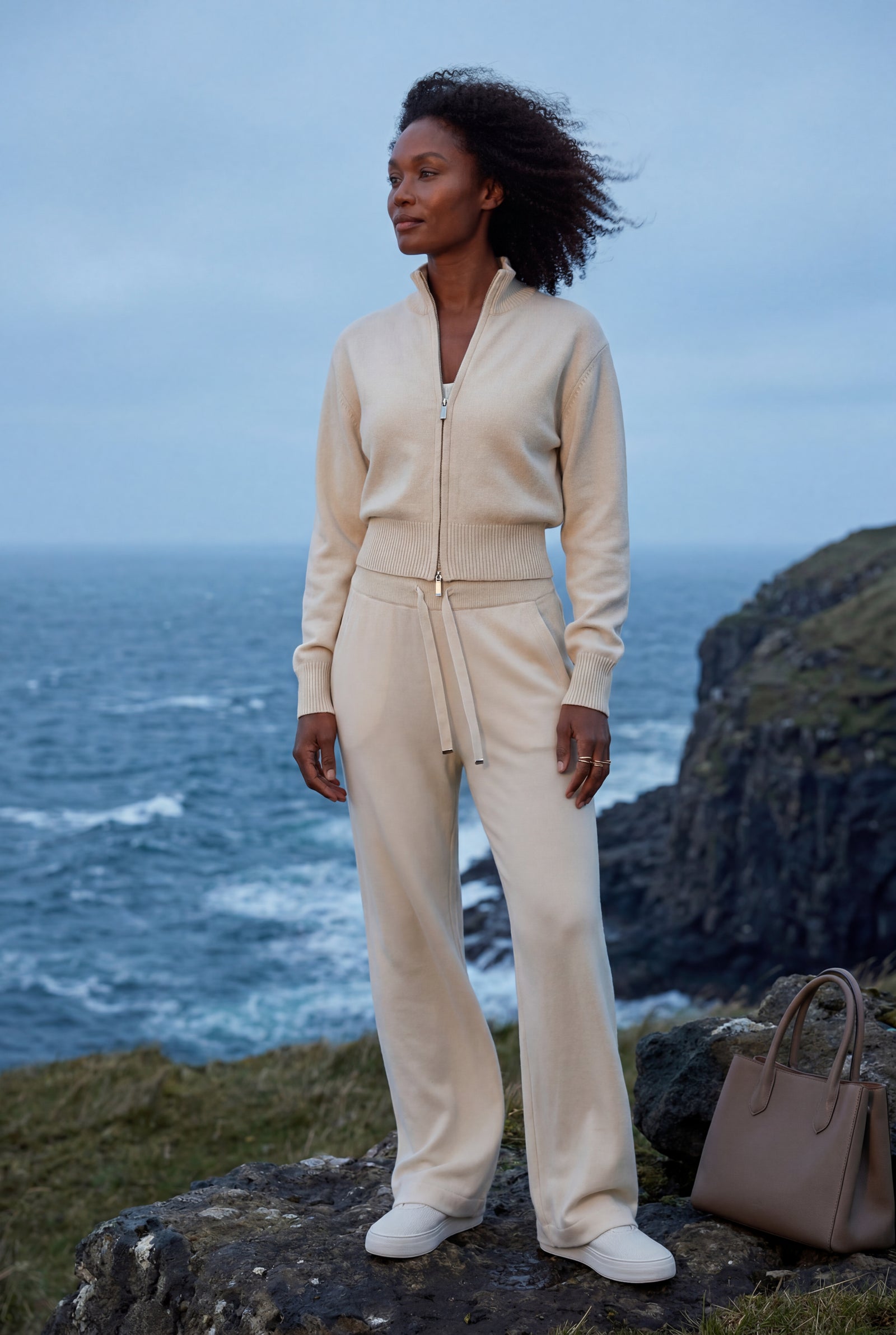 Cream Relaxed Zip-up Jacket and Wide-leg Lounge Set - Loungewear set - Photo 5